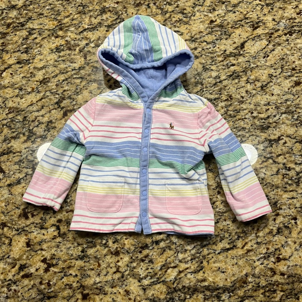 Polo Ralph Lauren Reversible Hooded Jacket Kids Blue Pastel Stripe Pique Snap